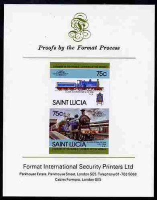 St Lucia 1985 Locomotives #4 (Leaders of the World) 75c 'Dunalastair 4-4-0' se-tenant pair imperf mounted on Format International proof card
