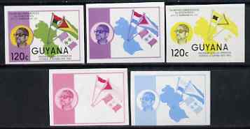 Guyana 1986 Pres Burnham Commem 120c set of 5 imperf progressive proofs comprising 2 individual colours, two 2-colour composites plus all 4 colours unmounted mint