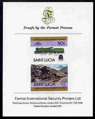 St Lucia 1983 Locomotives #1 (Leaders of the World) 50c Class B17/4 Leeds United se-tenant pair imperf mounted on Format International proof card