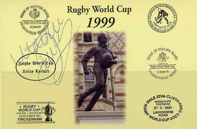 Postcard privately produced in 1999 (coloured) for the Rugby World Cup, signed by Matt Dawson (England - 42 caps & Captain, plus British Lions & N'hampton) unused and pristine