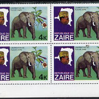 Zaire 1979 River Expedition 4k Elephant block of 4, one stamp with large red flaw on panel unmounted mint (as SG 954)