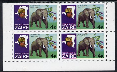 Zaire 1979 River Expedition 4k Elephant block of 4, one stamp with large red flaw on panel unmounted mint (as SG 954)