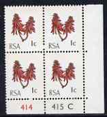 South Africa 1969 Kafferboom Flower 1c unmounted mint plate block of 4 (with horiz & vert phosphor bands) SG 283