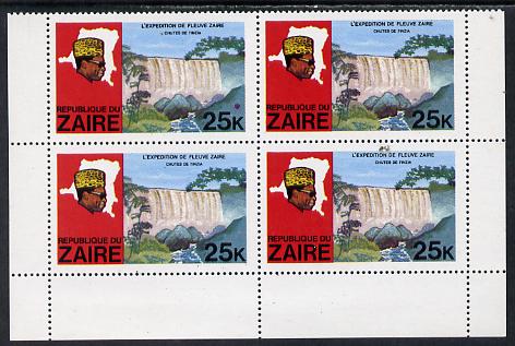 Zaire 1979 River Expedition 25k Inzia Falls block of 4, one stamp with large dark flaw above value unmounted mint (as SG 958)
