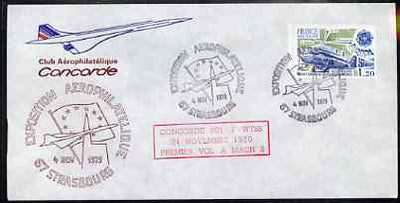 Postmark - France 1977 illustrated commem cover for the 'Strasbourg Exposition Aerophilatelique' with illustrated cancel showing Concorde, & Mach 2 Anniversary cachet in red