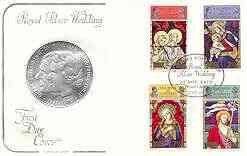 Guernsey 1972 Royal Silver Wedding & Christmas (Stained Glass Windows) set of 4 on illustrated cover with first day cancel