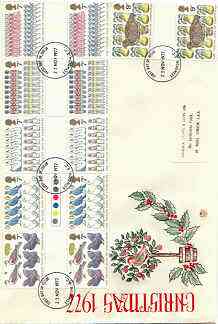 Great Britain 1977 Christmas - Twelve Days of Christmas set of 6 gutter pairs on illustrated cover with first day cancel