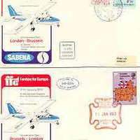 Great Britain 1973 Britain's Entry into EEC set of 2 illustrated covers flown on Sabena Islander OO-GVS London to Brussels and back, both cancelled 11 Jan with Cachets