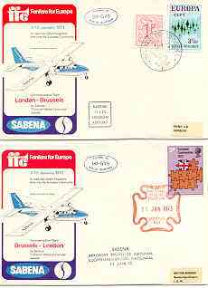 Great Britain 1973 Britain's Entry into EEC set of 2 illustrated covers flown on Sabena Islander OO-GVS London to Brussels and back, both cancelled 11 Jan with Cachets