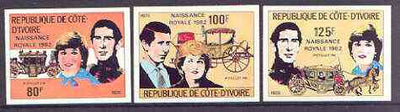 Ivory Coast 1982 Birth of Prince William opt on Royal Wedding imperf set of 3 unmounted mint, Mi 737-39B