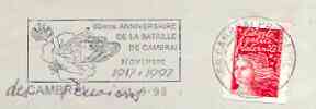 Postmark - France rectangular piece bearing French adhesive with Cambrai illustrated cancel showing Tank and slogan for 80th Anniversary of Battle at Cambrai