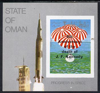 Oman 1969 Progress in Space imperf m/sheet opt'd with 6th Death Anniversary of Kennedy unmounted mint