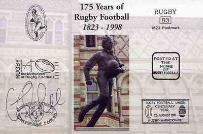 Postcard privately produced in 1998 (coloured) for the 175th Anniversary of Rugby, signed by Graham Rowntree (England - 33 caps & Leicester) unused and pristine