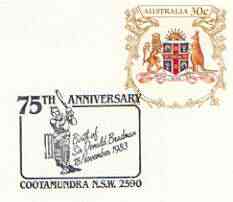 Australia 1983 Coat of Arms of New South Wales 30c postal stationery envelope with special illustrated 'Donald Bradman 75th Anniversary' cancellation