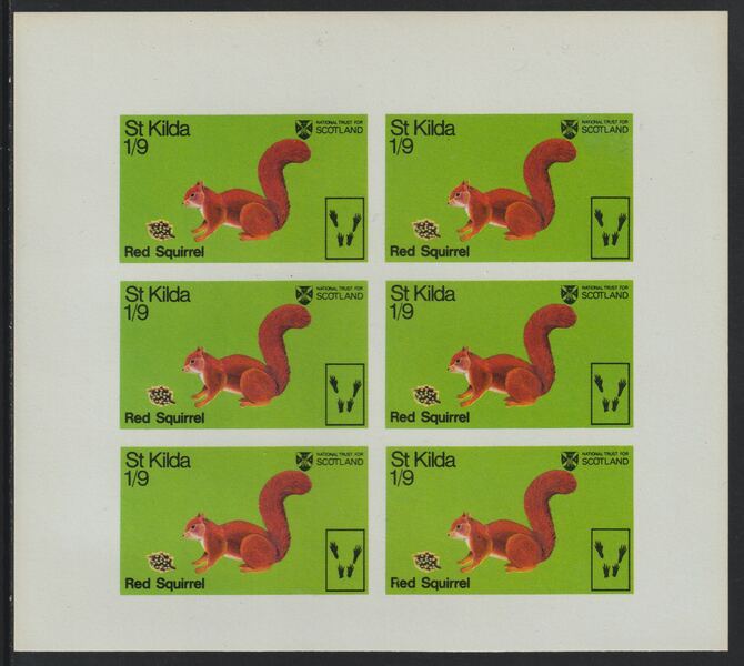 St Kilda 1970 Red Squirrel 1s9d complete imperf sheetlet of 6 (from Wildlife set) unmounted mint