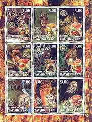 Tadjikistan 2001 Owls & Fungi perf sheetlet containing set of 9 values, each with Rotary Logo, unmounted mint