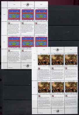 United Nations (Vienna) 1993 Declaration of Human Rights (5th series) set of 2 plus 2 labels (Peasant's Wedding & Outback) each in blocks of 6 showing labels in 3 languages, unmounted mint, SG V149-50