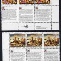 United Nations (NY) 1993 Declaration of Human Rights (5th series) set of 2 plus 2 labels (Shocking Corn & The Library) each in blocks of 6 showing labels in 3 languages unmounted mint, SG 637-38