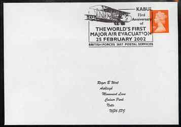 Postmark - Great Britain 2002 cover with Kabul 73rd Anniversary of first Air Evacuation cancel illustrated with Biplane