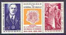 Andorra - French 1972 General De Gaulle's Visit strip of 3 (2 stamps plus label) unmounted mint, SG F243a