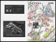 Guyana 1994 Hong Kong '94 Stamp Exhibition $600 silver foil on card m/sheet (plain edges) featuring a Dog with Butterfly, Rabbit & Insect in background, from a limited numbered edition