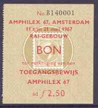 Netherlands 1967 Amphilex 67 Stamp Exhibition 2f50 admission ticket featuring 15c stamp of 1867, superb