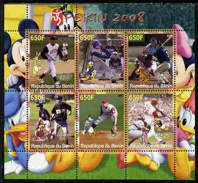 Benin 2007 Beijing Olympic Games - Baseball perf sheetlet containing 6 values (Disney characters in background),unmounted mint. Note this item is privately produced and is offered purely on its thematic appeal