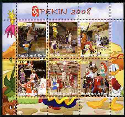 Benin 2007 Beijing Olympic Games - Basketball perf sheetlet containing 6 values (Disney characters in background) unmounted mint. Note this item is privately produced and is offered purely on its thematic appeal