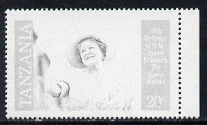 Tanzania 1985 Life & Times of HM Queen Mother 20s (SG 426) unmounted mint perforated colour proof single in black only*