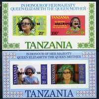 Tanzania 1986 Queen Mother imperf proof set of 2 m/sheets each with 'AMERIPEX 86' opt in black (unissued) unmounted mint