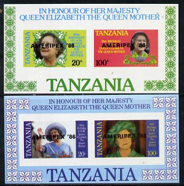 Tanzania 1986 Queen Mother imperf proof set of 2 m/sheets each with 'AMERIPEX 86' opt in black (unissued) unmounted mint