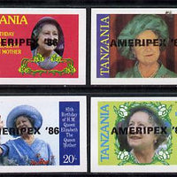 Tanzania 1986 Queen Mother imperf proof set of 4 each with 'AMERIPEX 86' opt in black (unissued) unmounted mint*