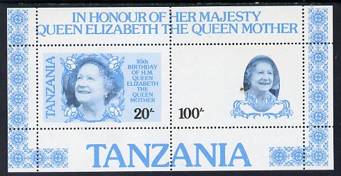 Tanzania 1985 Life & Times of HM Queen Mother m/sheet (containing SG 425 & 427) unmounted mint perforated colour proof in blue & black only