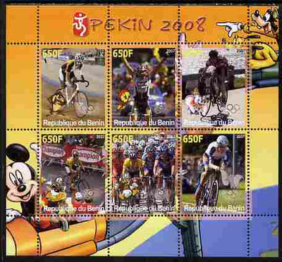 Benin 2007 Beijing Olympic Games - Cycling perf sheetlet containing 6 values (Disney characters in background) unmounted mint. Note this item is privately produced and is offered purely on its thematic appeal