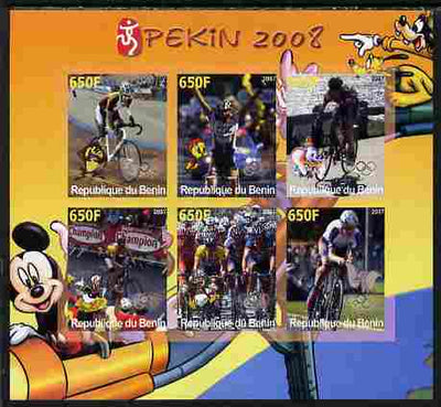 Benin 2007 Beijing Olympic Games - Cycling imperf sheetlet containing 6 values (Disney characters in background) unmounted mint. Note this item is privately produced and is offered purely on its thematic appeal