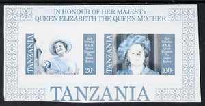 Tanzania 1985 Life & Times of HM Queen Mother m/sheet (containing SG 426 & 428) unmounted mint imperf colour proof in blue & black only