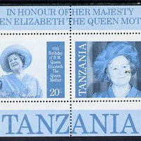 Tanzania 1985 Life & Times of HM Queen Mother m/sheet (containing SG 426 & 428) unmounted mint perforated colour proof in blue & black only