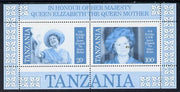 Tanzania 1985 Life & Times of HM Queen Mother m/sheet (containing SG 426 & 428) unmounted mint perforated colour proof in blue & black only