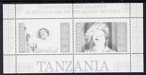 Tanzania 1985 Life & Times of HM Queen Mother m/sheet (containing SG 426 & 428) unmounted mint perforated colour proof in black only