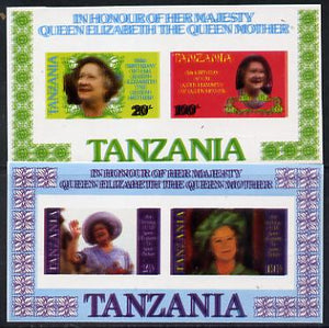 Tanzania 1985 Life & Times of HM Queen Mother set in 2 m/sheets (as SG MS 429) both imperf and doubly printed, unmounted mint spectacular