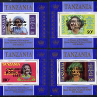 Tanzania 1985 Life & Times of HM Queen Mother unissued set of 4 unmounted mint perforated deluxe sheetlets (one stamp per sheetlet) opt'd 'Caribbean Royal Visit 1985'