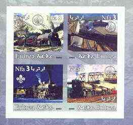 Eritrea 2002 Steam Locos #01 imperf sheetlet containing set of 4 values with Scout Logo unmounted mint