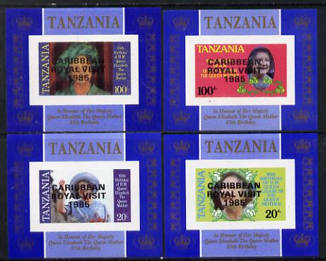 Tanzania 1985 Life & Times of HM Queen Mother unissued set of 4 unmounted mint imperf deluxe sheetlets (one stamp per sheetlet) opt'd 'Caribbean Royal Visit 1985'