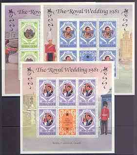 Sierra Leone 1981 Royal Wedding (2nd Issue) perf 12 set of 3 each in sheetlets of 5 plus label unmounted mint, SG 671-73