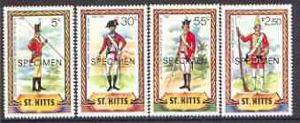 St Kitts 1981 Military Uniforms (1st series) perf set of 4 opt'd SPECIMEN unmounted mint, as SG 71-74