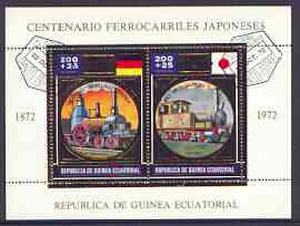 Equatorial Guinea 1972 Japanese Trains Centenary m/sheet containing 2 vals (Steam trains 200+25p) in gold with white background (Mi BL 39) fine cto used
