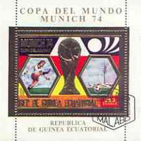 Equatorial Guinea 1974 Football World Cup perf sheetlet #2 containing 250E val in gold with white background, fine cto used