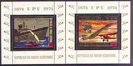 Equatorial Guinea 1974 Centenary of UPU perf set of 2 sheetlets (Concorde & Ship) in gold with white background opt'd 'Espana 75', unmounted mint, Mi BL140-41