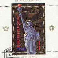Equatorial Guinea 1975 USA Bicentenary perf sheetlet #1 containing 200E val (Statue of Liberty) in gold with white background, fine cto used, Mi BL178