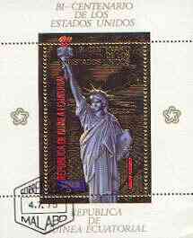Equatorial Guinea 1975 USA Bicentenary perf sheetlet #1 containing 200E val (Statue of Liberty) in gold with white background, fine cto used, Mi BL178